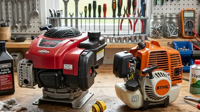 Comparing 4-stroke lawn mower engine dipstick and 2-stroke engine setup