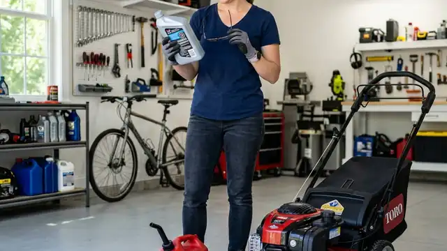 Checking motor oil API label for 4-stroke lawn mower engine safety