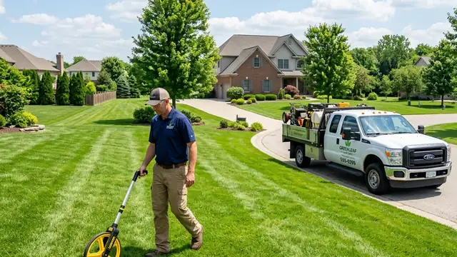 Professional lawn care technician evaluating lawn size with measuring wheel