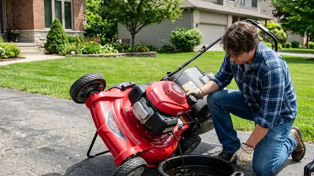 Tilting push lawn mower safely to drain old oil into catch pan