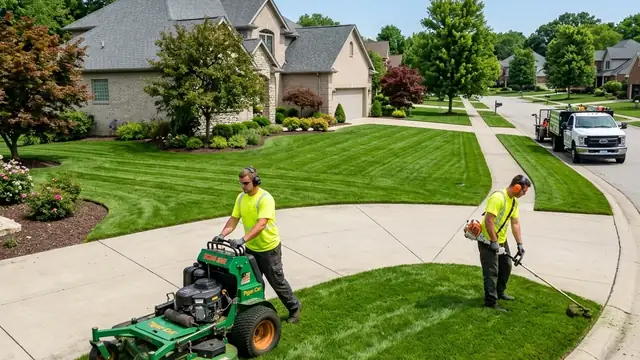 Full service landscaping crew operating zero-turn lawn mower and edge trimmer