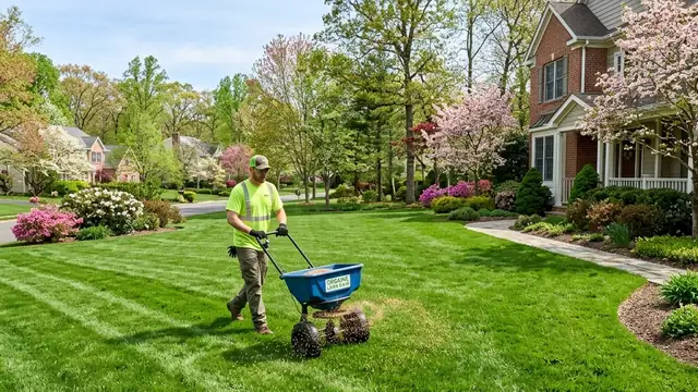 Lawn care contractor applying fertilizer granules on grass during spring yard maintenance